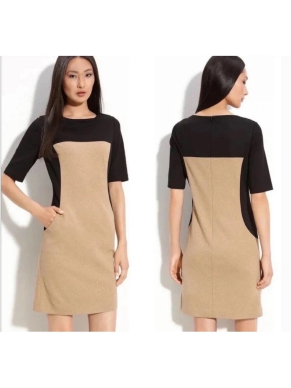 Trina Turk Bea Dress Black Camel Viscose Mini Dress Pockets Size 4 Office $278